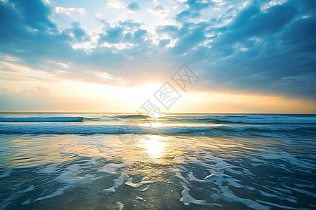 蓝色波浪中的日出海滩图片