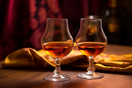 法国红酒木桌上的两杯白兰地背景