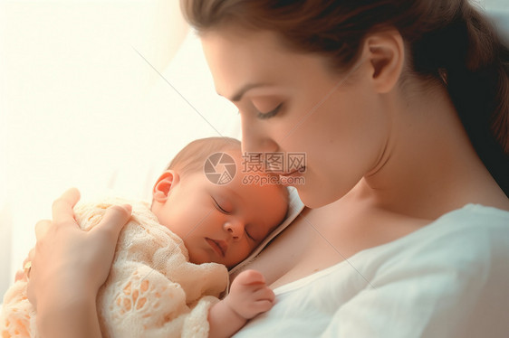 母亲抱着熟睡的婴儿图片