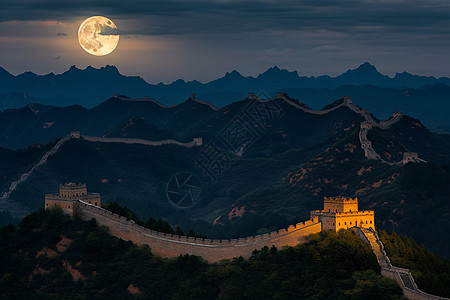 长城夜景满月城墙夜景背景