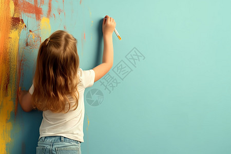 小女孩在墙上画画高清图片