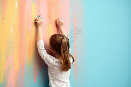 小女孩在彩色墙上画画图片