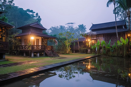 雨天度假别墅式的度假房屋背景