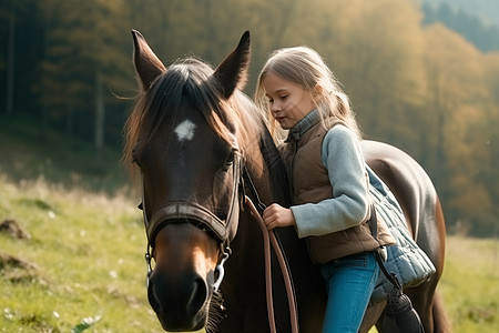马和小女孩图片