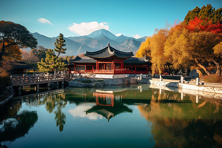 城市湖边建筑风景背景图片