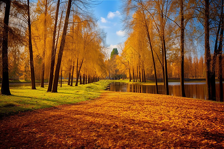 公园湖边的秋景图片