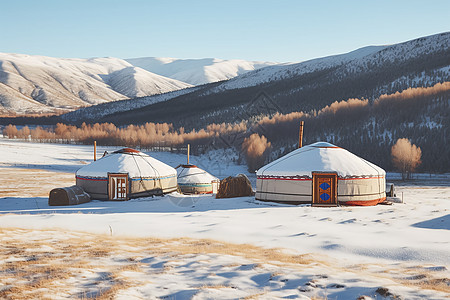 驻扎在雪山下的蒙古包高清图片