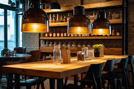 现代餐厅的木制台灯和吧台背景图片