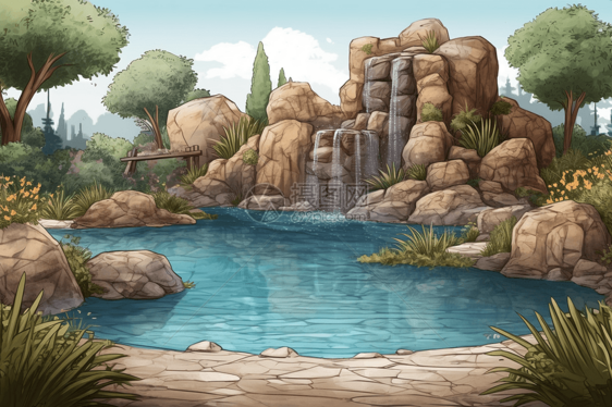 岩石瀑布的游泳池图片