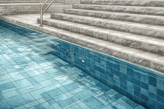 瓷砖台阶的游泳池插图图片