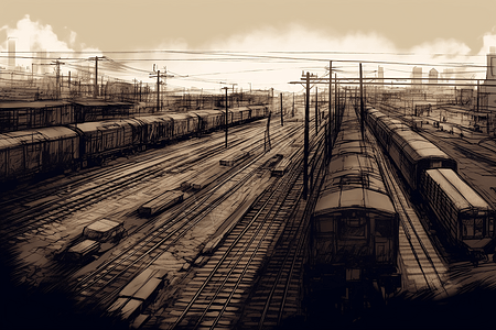 铁路场素描画图片