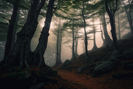 秋天的公园昏暗的树林设计图片