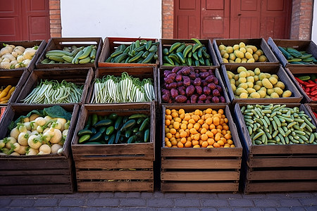 各种农场新鲜蔬菜装在木箱里图片