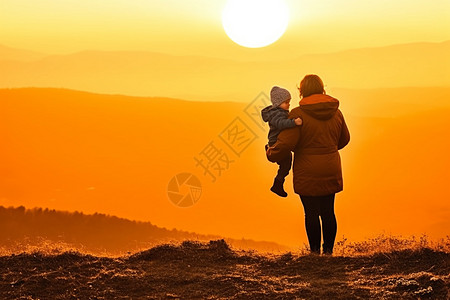 观看景色母亲和孩子们在日落时的背影背景