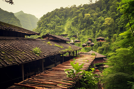 屋顶的树枝和风景图片