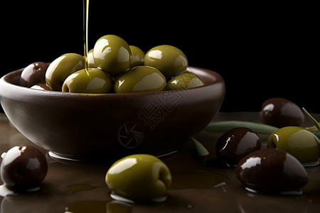 美味的橄榄和橄榄油背景图片