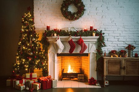 在家里的壁炉附件装饰圣诞节饰品图片
