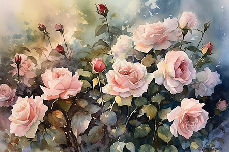 玫瑰园的水彩画背景图片