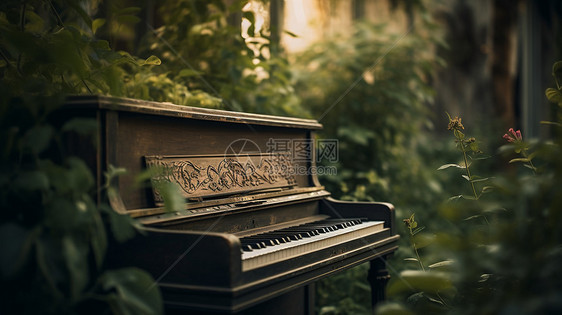 放置在花园的钢琴图片
