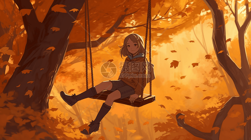 女孩坐在悬挂的秋千图片