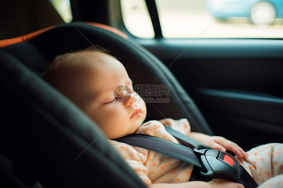 可爱的小可爱宝宝睡在车里，高清图片