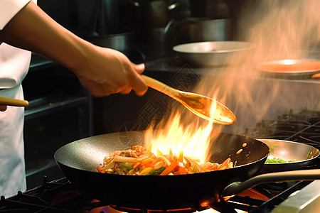 厨师在炒锅中做菜背景图片