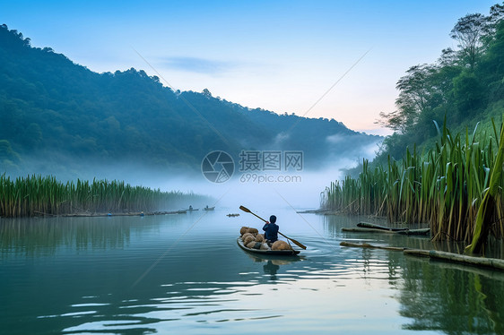 青山绿水中的小船图片