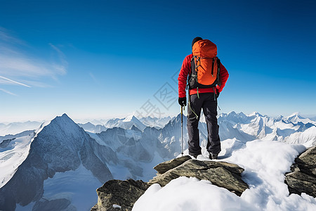 站在雪山顶的旅行者高清图片