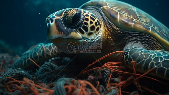 海龟被编织网缠住图片