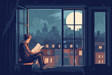 一个人坐在窗台上看书图片