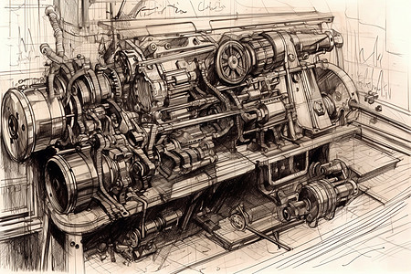 汽车绘画工业汽车的发动机插画