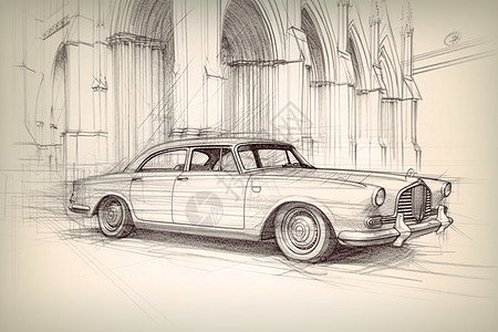 汽车绘画教堂建筑前的汽车插画