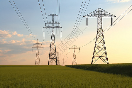 田地里的电线和电路塔背景图片