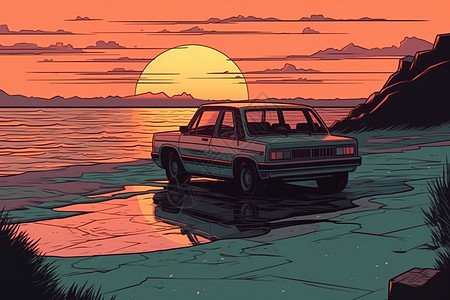 日落时海岸旁边的汽车图片