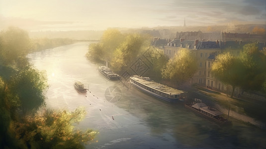 城市河道河流的美景图插画
