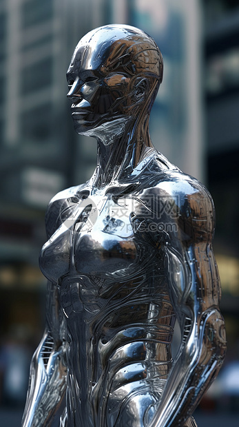 未来城市景观的3D人体模型图片