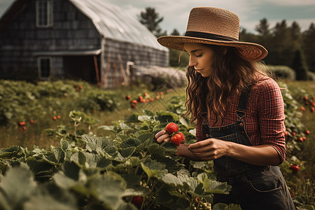 女人在农场中摘草莓图片