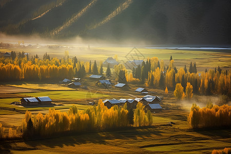 秋天山间村庄的自然景观图片