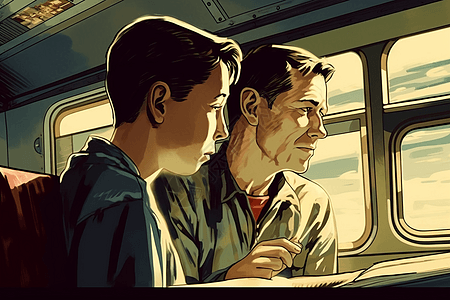 坐在火车上父子在火车上交谈插画