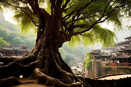 文化古镇的古榕树图片