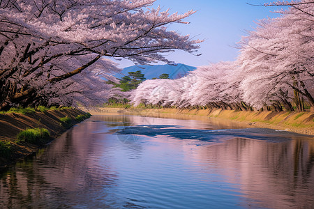 河流两岸的樱花树背景图片