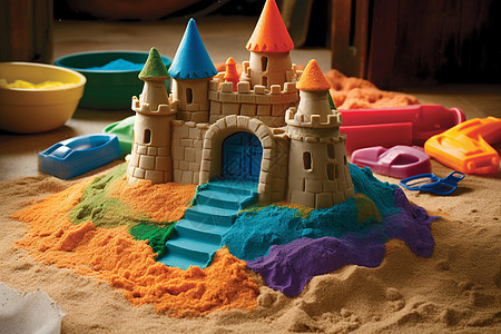 孩子建造的彩色沙堡背景图片