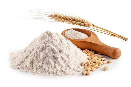白色背景上的小麦和面粉图片