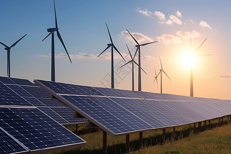 太阳能电池板和风力涡轮机发电系统高清图片