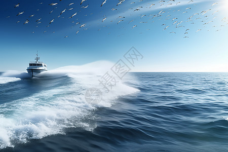 蓝天下在海上行驶的船图片