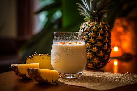 凤梨酸奶菠萝和杯子里的饮品背景