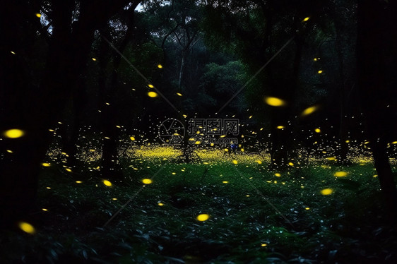 夜晚森林里飞行的萤火虫图片
