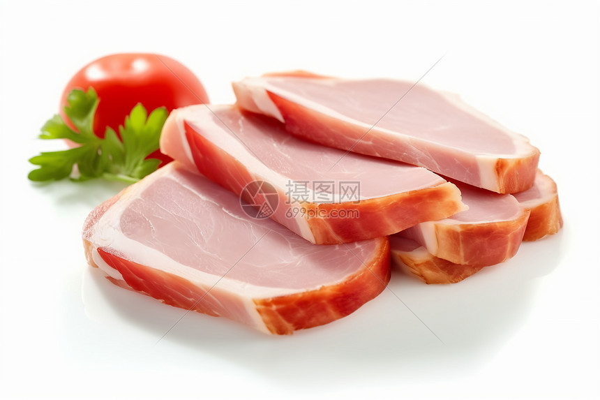 白色背景上的猪肉火腿切片图片