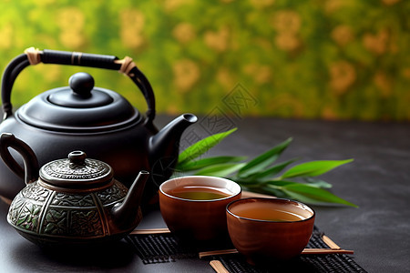 陶瓷茶壶和茶杯背景图片