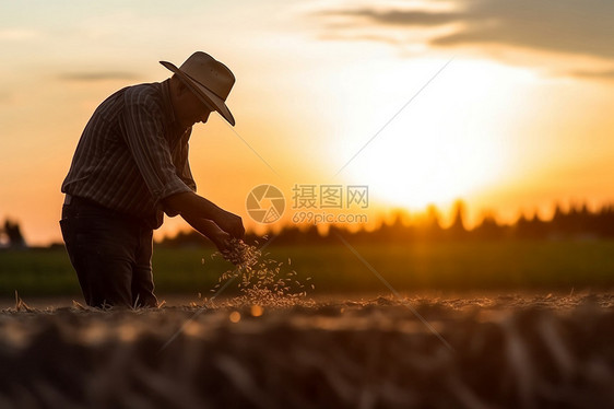 日落在田间干活的老人图片